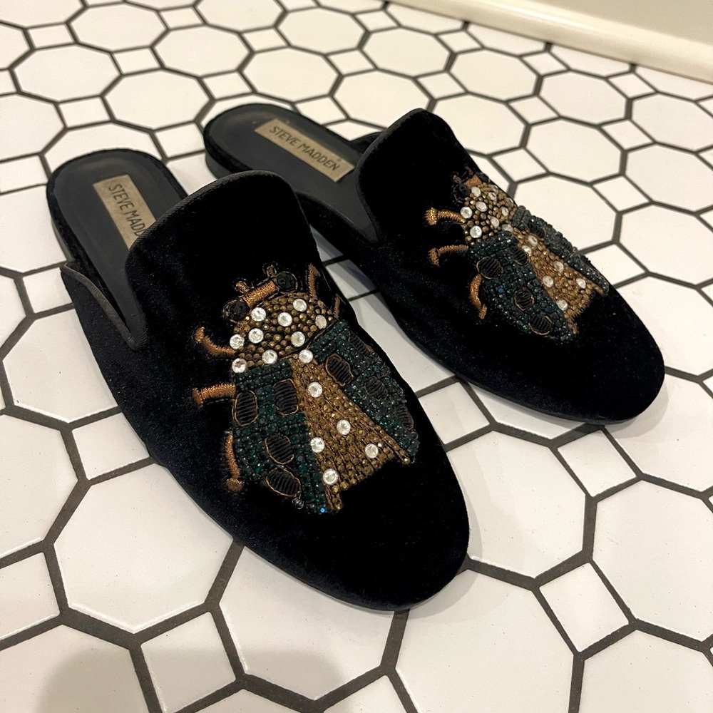 Steve Madden Velvet Beaded Beetle Mules